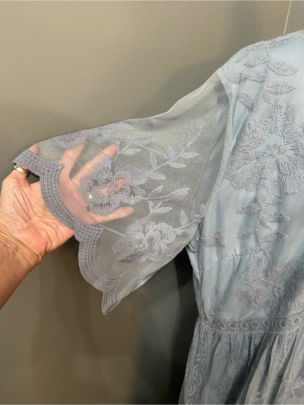 PINKBLUSH Light Blue Mesh/Lace Overlay Maternity Maxi Dress 3X Deep V-Neck Gown - Picture 5 of 17